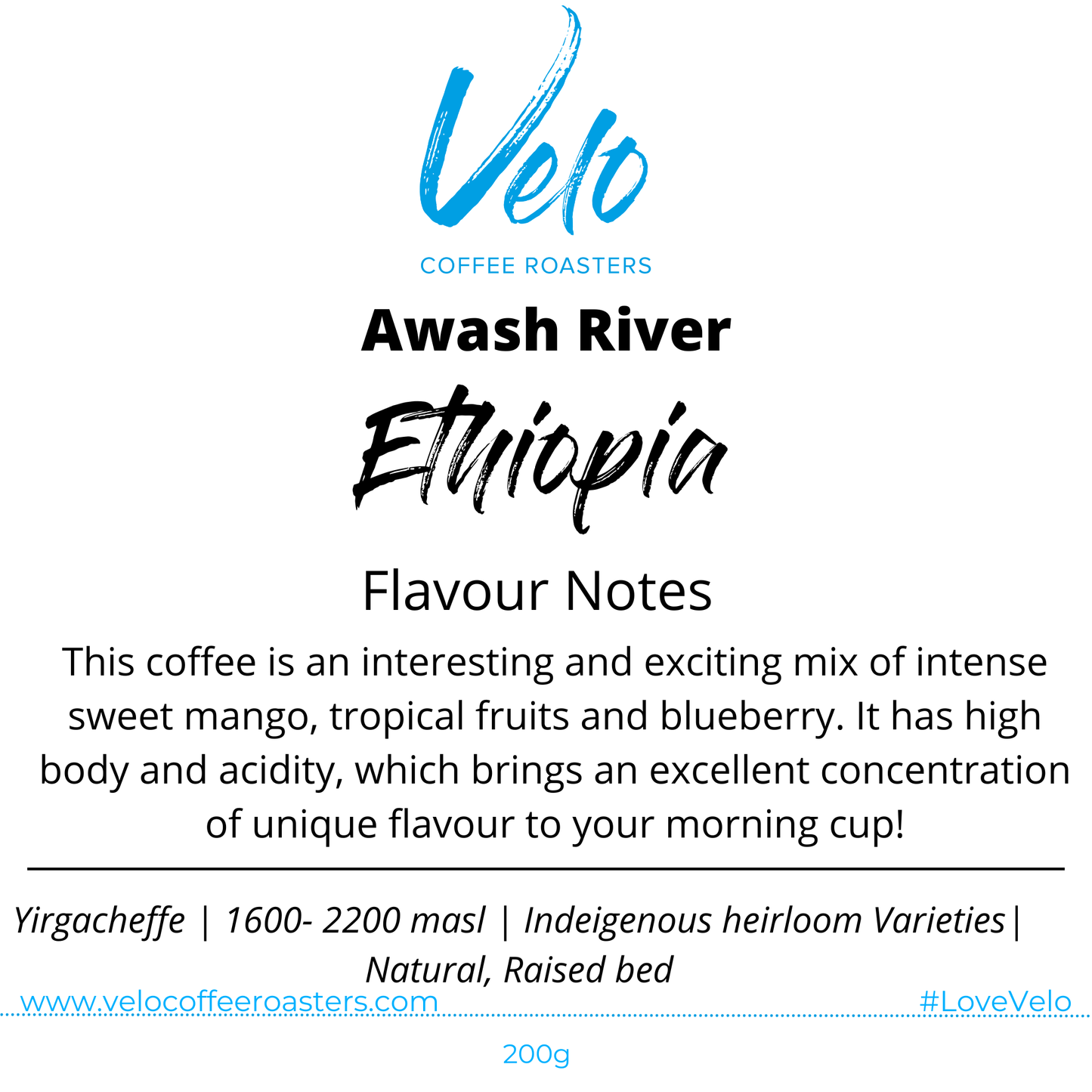 Velo Coffee Roasters - Awash River 200g Purple Coffee Bag with Green Strip across the top Ethiopia