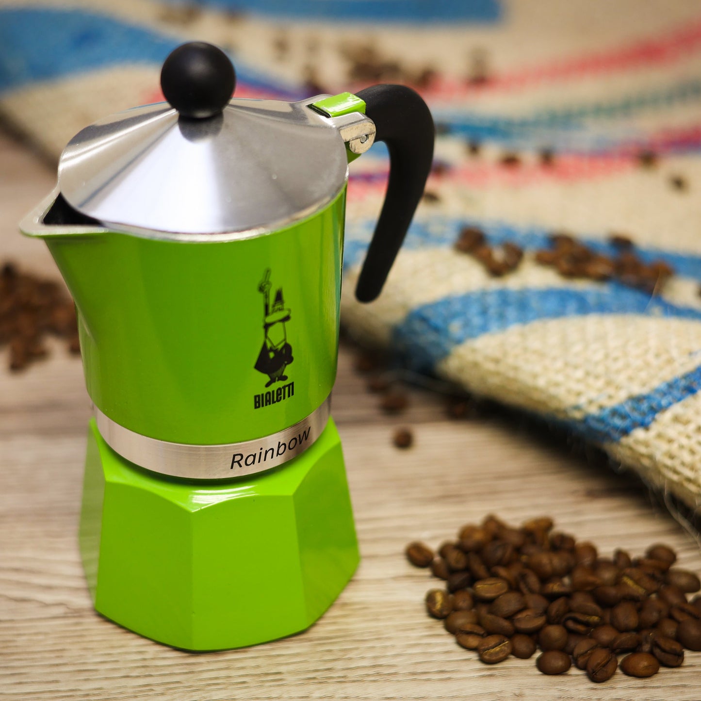 Bialetti -Moka Pot 6 Cup Green Metal Green Body,Black plastic Handle and Stainless Steel Lid with Small plastic Black Ball on top- Velo Coffee Roasters