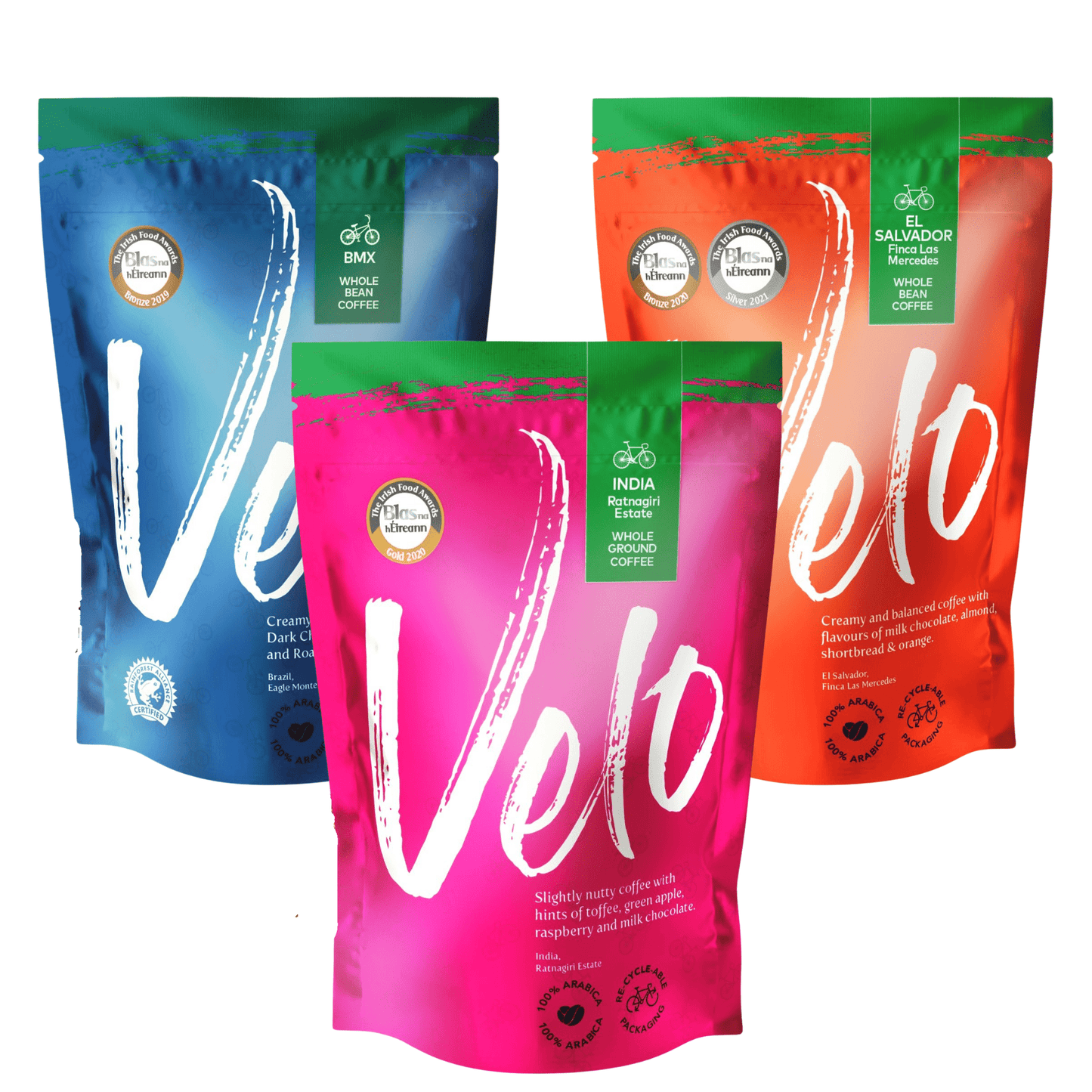 BMX 700g Blue and Green bag from Brazil , India 700g Pink and green Bag and El Salvador 700g  Orange and Green Bag Coffee Bag Bundle - Velo Coffee Roasters Three in a  box