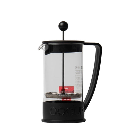 Bodum - Brazil French Press 8 Cup -  Glass Body with Black Plastic Handle attached to   Black Plastic Base  with Bodum Embossed across and blackPlactic Lid with Metal PlungerVelo Coffee Roasters 