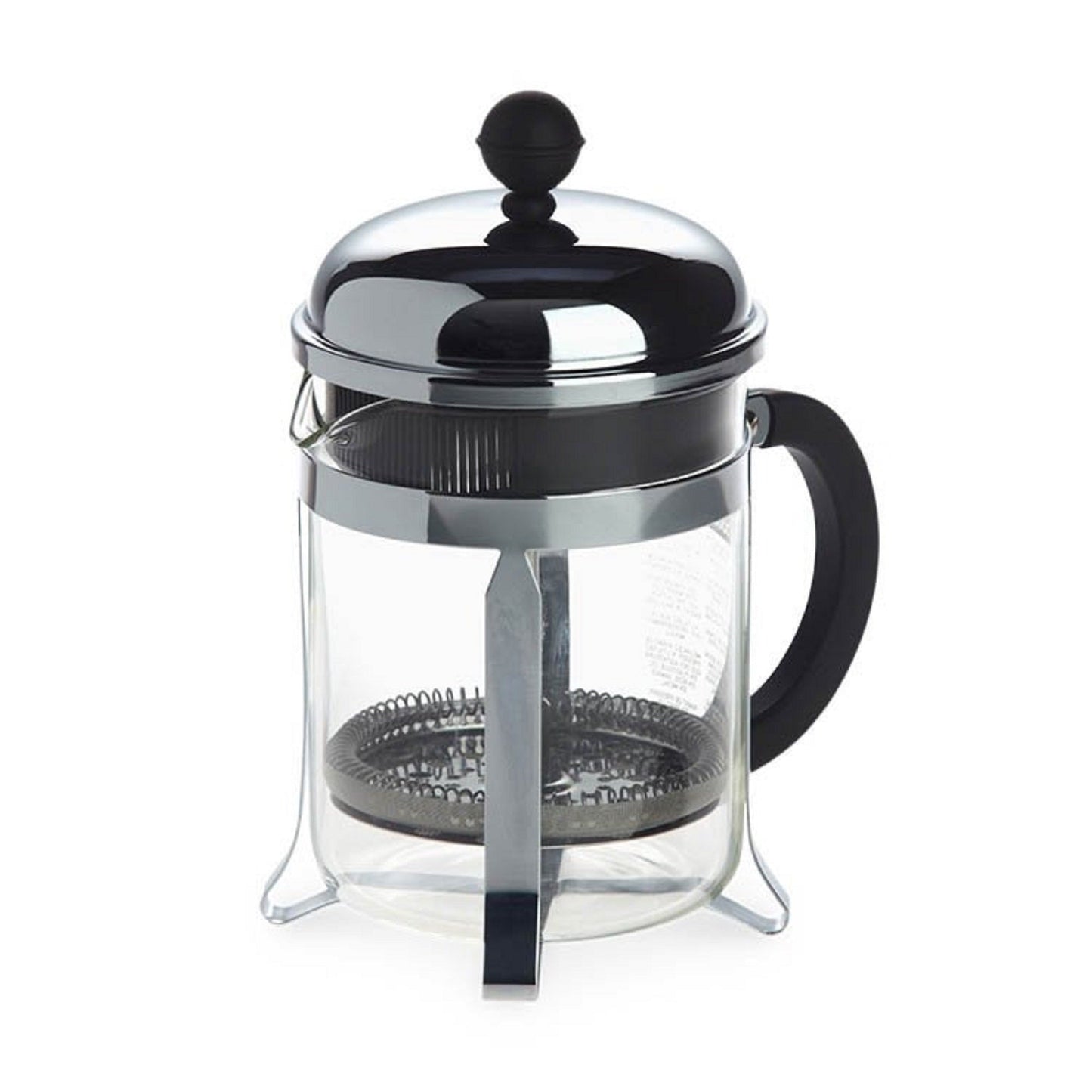 Bodum - Chambord French Press 4 Cup 500ml  Glass Body with 4 Stainless steel Strips running Vertiacl up the French Press Body , Black Plastic Handle and Stainlesssteel Lid with Smll Black ball on top with Metal plunger - Velo Coffee Roasters