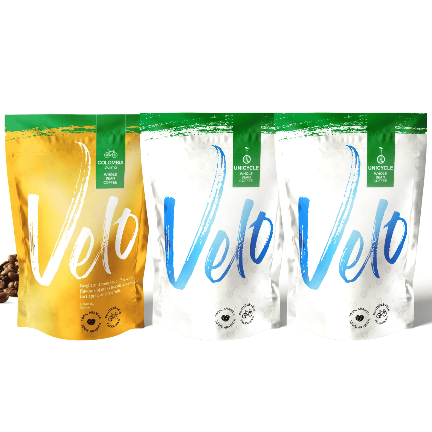 Brazil 200g white  & green Bag, Colombia  Dulima 200g Yellow and green bag, and Tandem 200g  Brazil and Colombia Blend White Bag -Coffee Bag Bundle - Velo Coffee Roasters