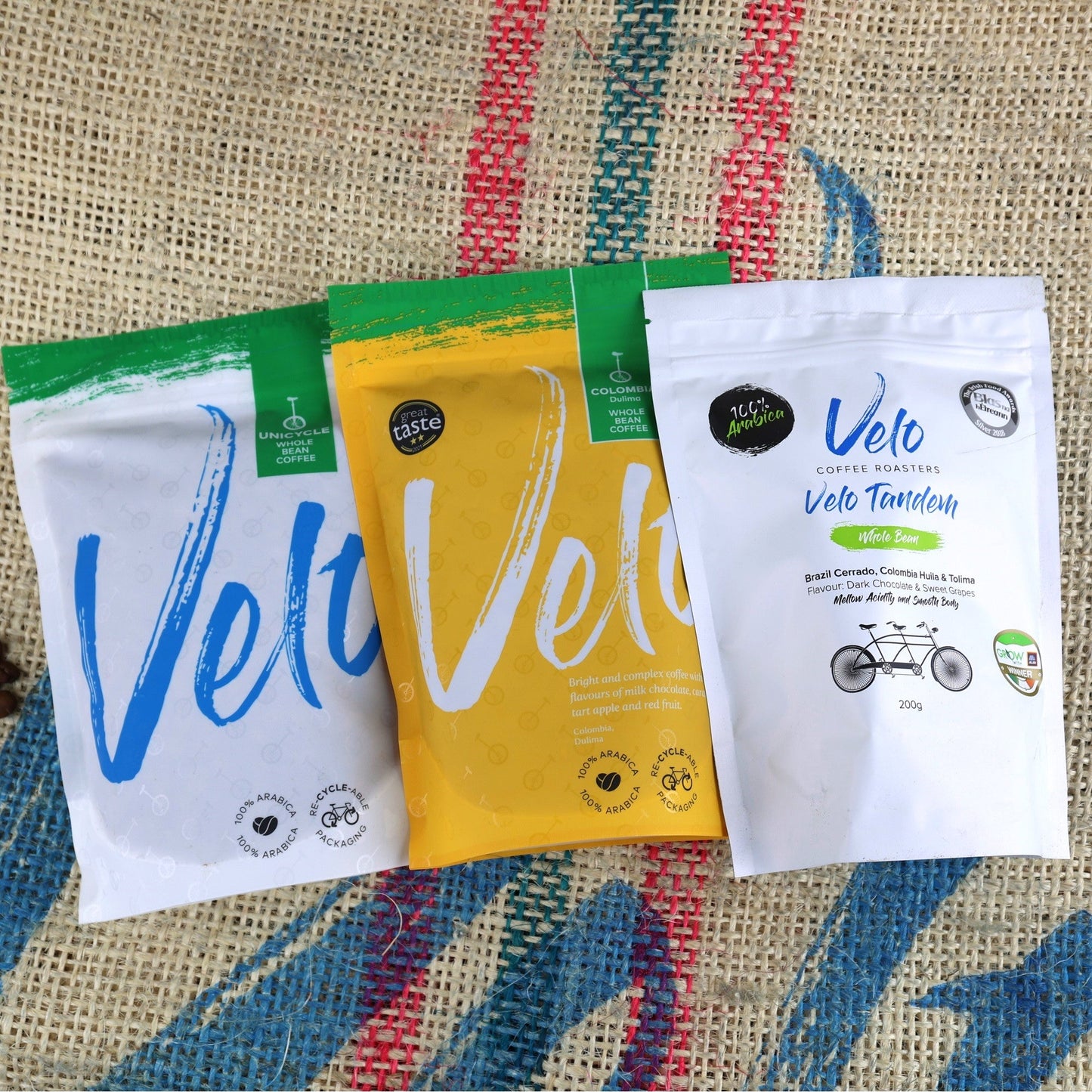 Brazil 200g white & green Bag, Colombia Dulima 200g Yellow and green bag, and Tandem 200g Brazil and Colombia Blend White Bag -Coffee Bag Bundle - Velo Coffee Roasters