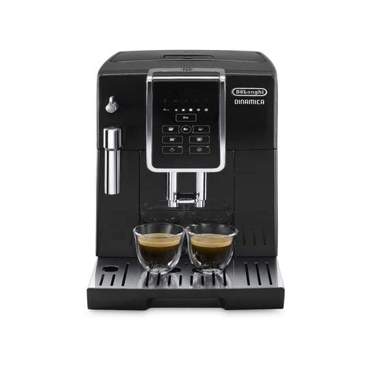 De'Longhi Dinamica - Bean To Cup Espresso Coffee Machine - Black - ECAM350.15.B - Black body with Stainless Steel elements with homescreen in front with bottonsVelo Coffee Roasters