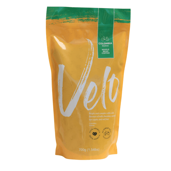 Dulima 700g Coffee from Colombia Coffee Bag Yellow with Pink strip across top for Whole bean - Velo Coffee Roasters