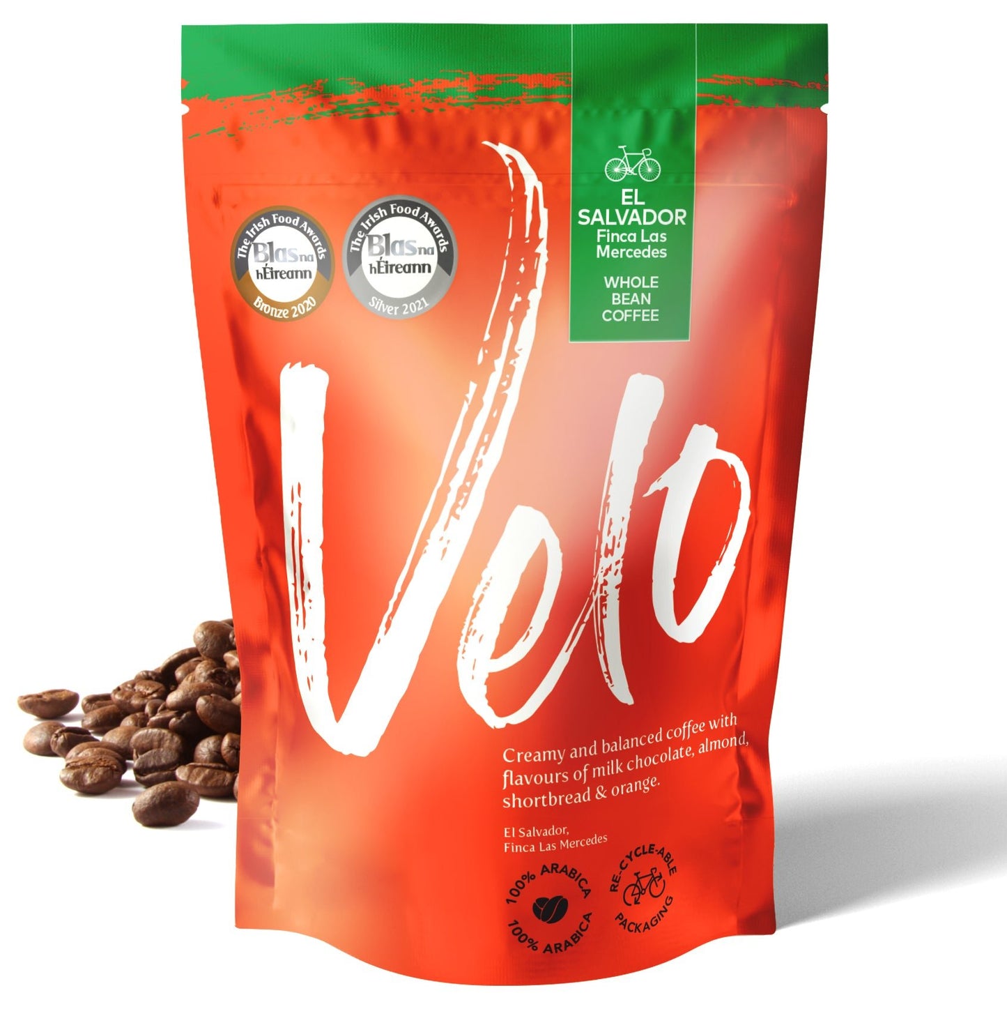 Finca Las Mercedes 200g Coffee From El Salvador -  Orange and Green Stand up Whole Bean coffee bag Velo Coffee Roasters