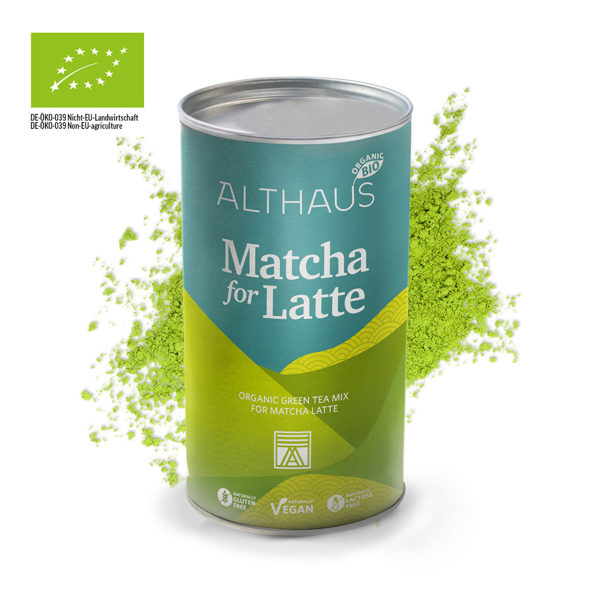 Althaus Matcha for Latte canister with green matcha powder on a white background