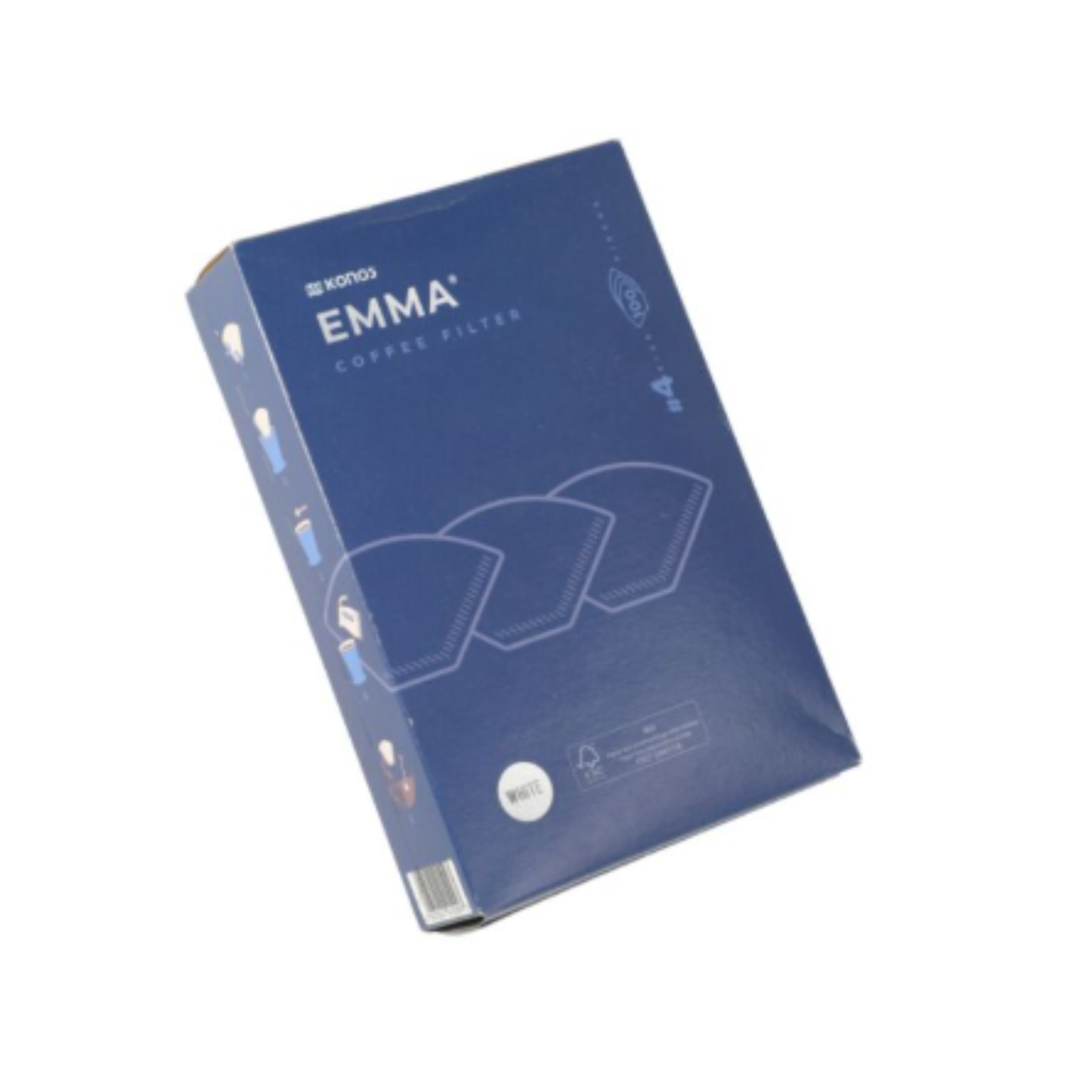 Blue package of Emma coffee filters on a white background