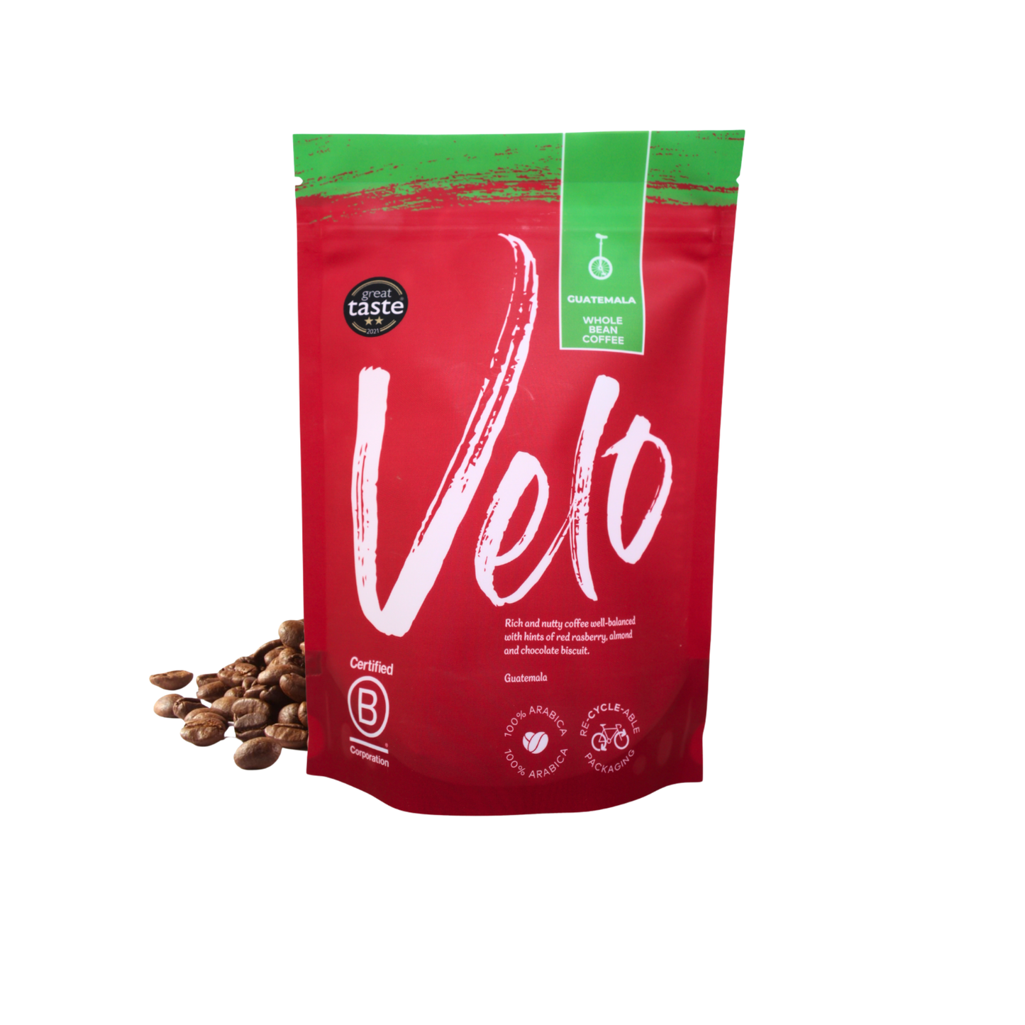 A Marron stand-up pouch of Velo coffee with a green top band and white script logo, shown on a white background with roasted coffee beans placed at the lower left. Guatemala Coffee