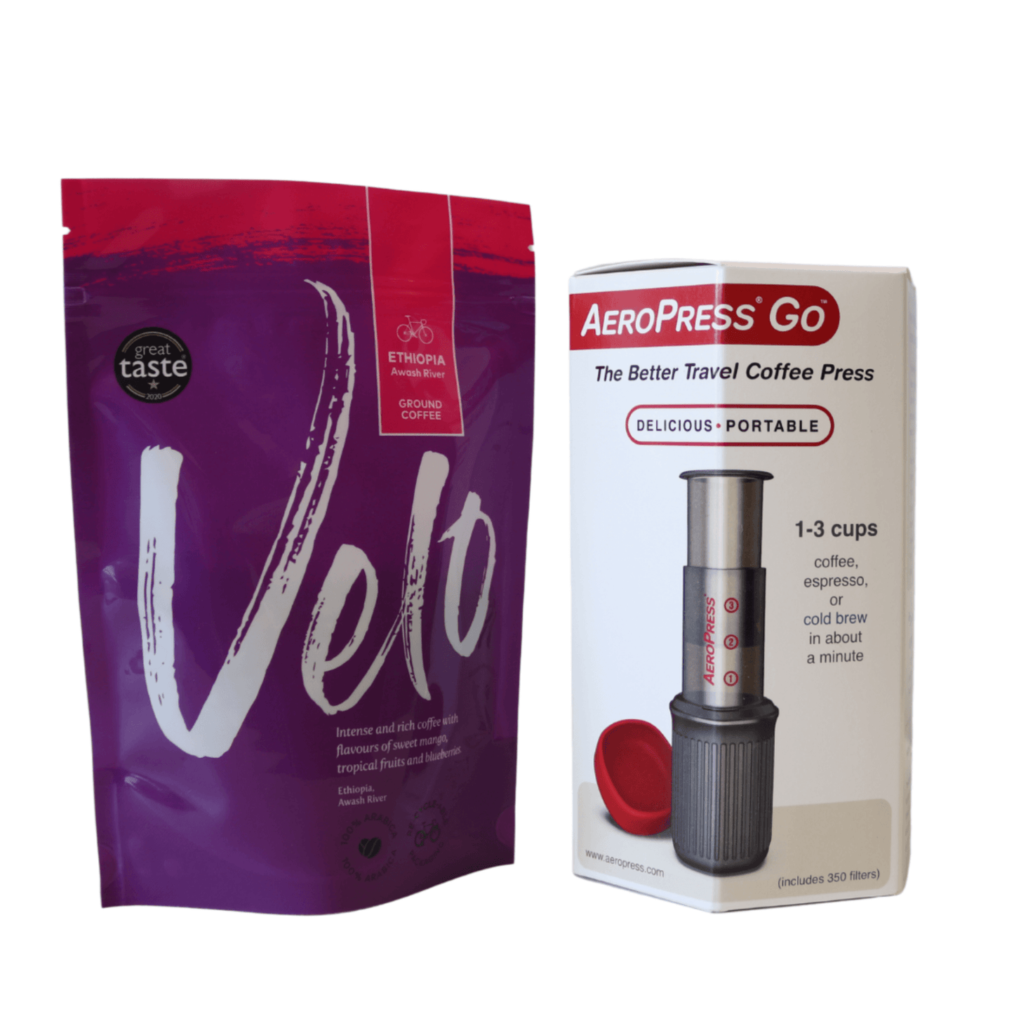 AeroPress Go - Travel Filter Coffee & Espresso Maker & Velo Coffee 200g Ground Bag- Velo Coffee Roasters