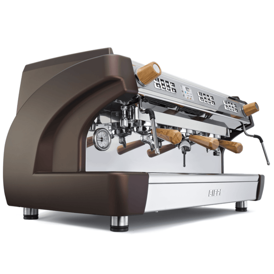 Load image into Gallery viewer, Biepi MC-1 Barista Pro - Three group Profession al espresso coffee maker. Brown and Stainless Body with Wooden Dials and portafilters - Velo Coffee Roasters
