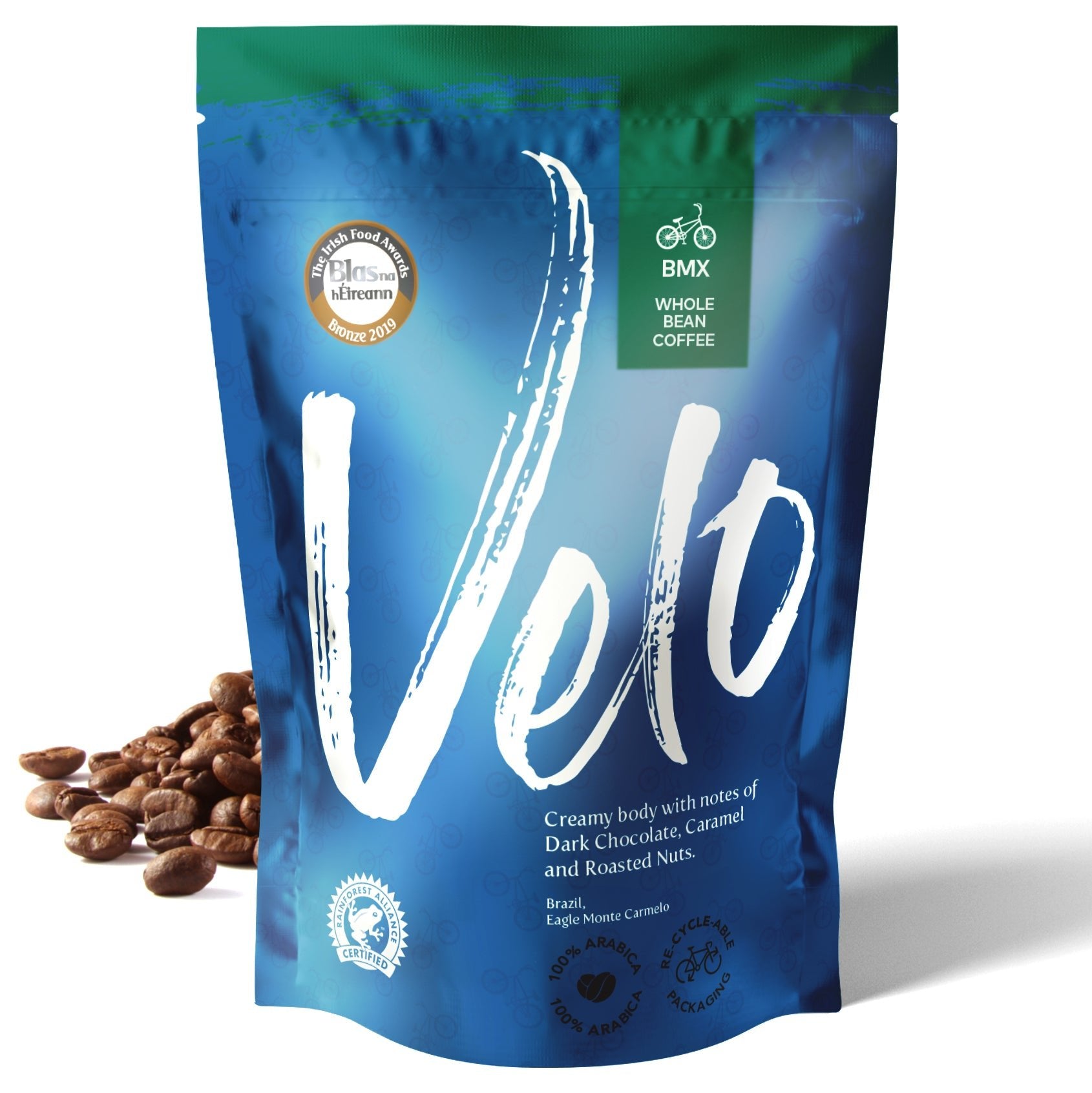 BMX 200g  Brazil Coffee - Blue and Green Coffee Bag with White Velo Across the  bag- Whole BEAN  Velo Coffee Roasters