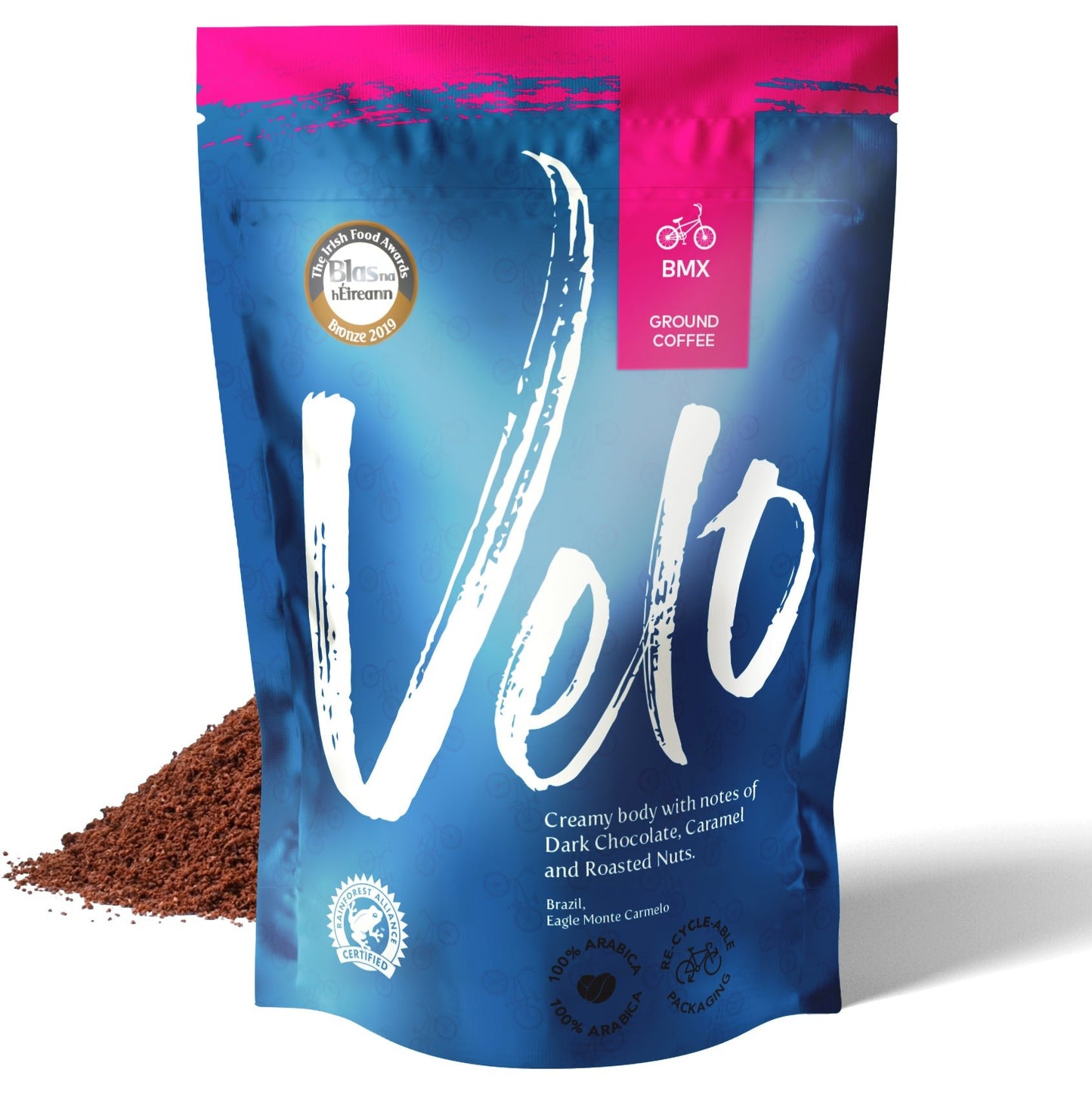 BMX 200g Brazil Coffee - Blue and Pink Coffee Bag with White Velo Across the bag- Ground Coffee Velo Coffee Roasters