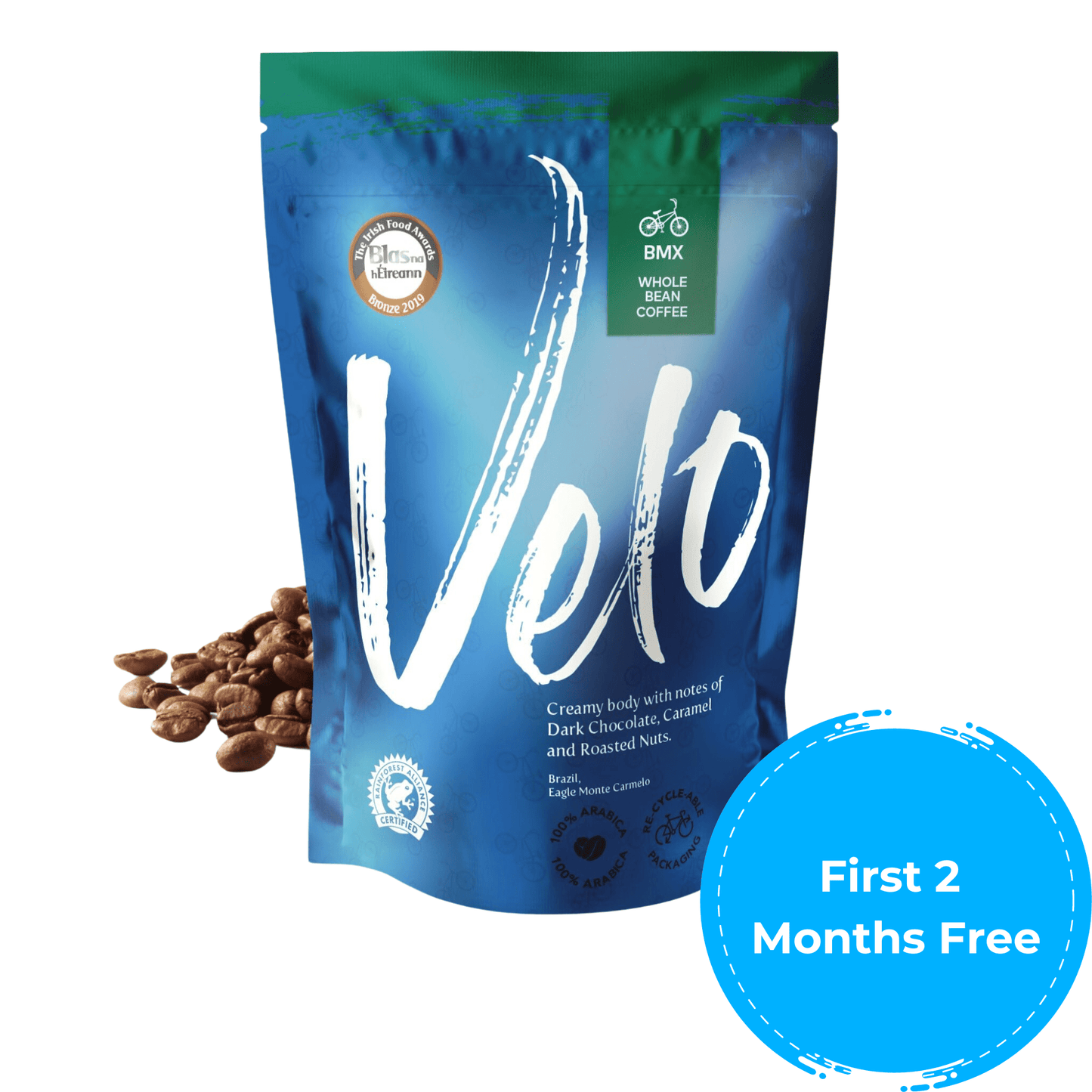 BMX 700g Coffee Bag Brazil - 12 Months Pre-Paid Subscription Blue and Green Bag - Circle First 2 Months Free Sticker  - Velo Coffee Roasters