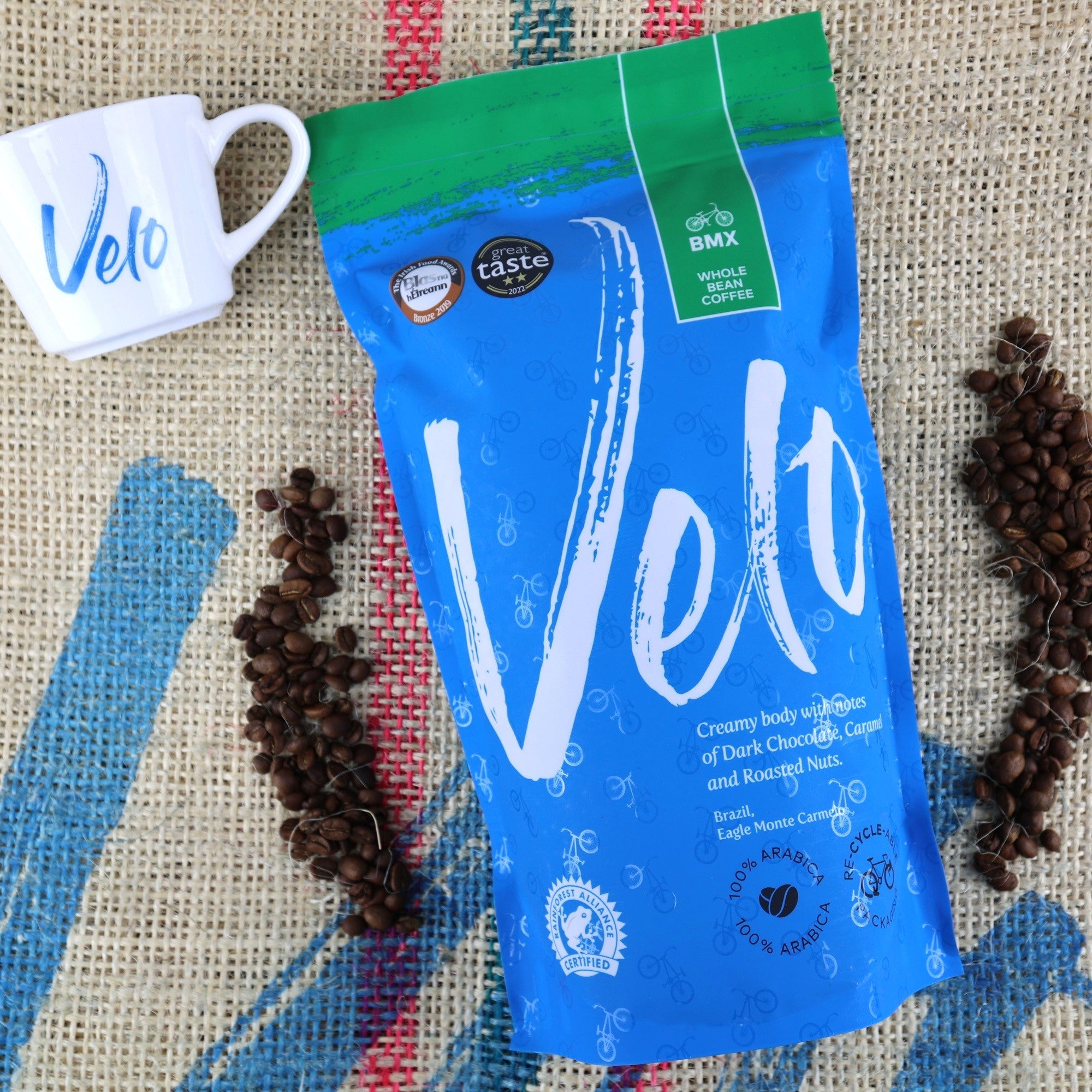 BMX 700g Brazil Coffee - Blue and Green Coffee Bag with White Velo Across the bag- Whole BEAN Velo Coffee Roasters