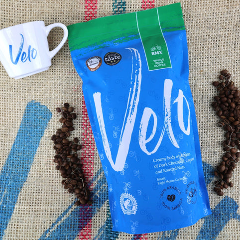 BMX 700g Brazil Coffee - Blue and Green Coffee Bag with White Velo Across the bag- Whole BEAN Velo Coffee Roasters