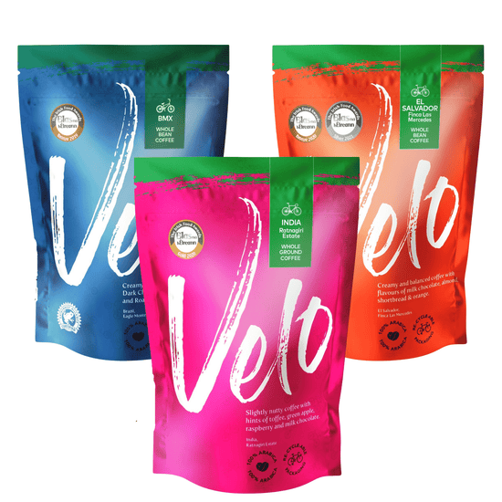 Load image into Gallery viewer, BMX 700g Blue and Green bag from Brazil , India 700g Pink and green Bag and El Salvador 700g  Orange and Green Bag Coffee Bag Bundle - Velo Coffee Roasters Three in a  box 
