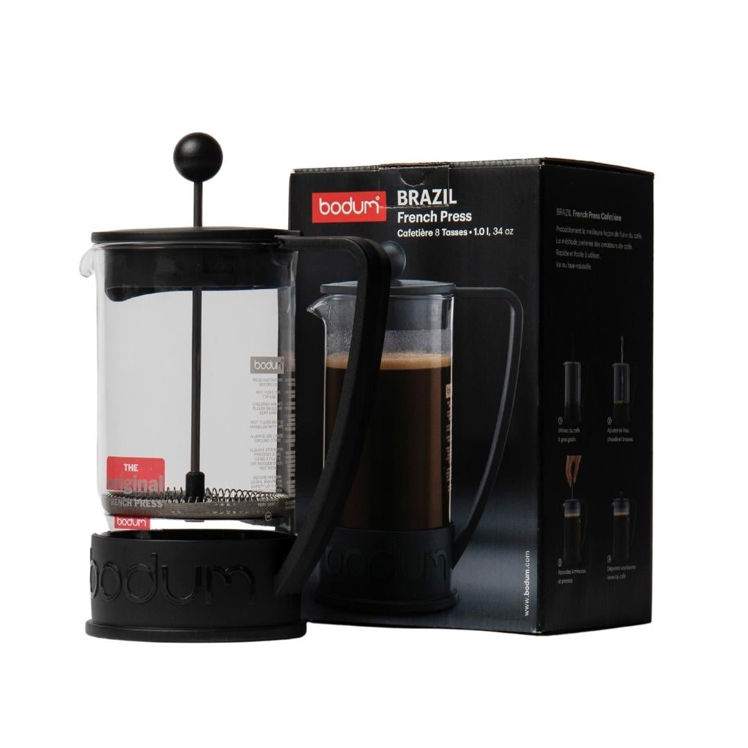 Bodum - Brazil French Press 8 Cup - Glass Body with Black Plastic Handle attached to Black Plastic Base with Bodum Embossed across and blackPlactic Lid with Metal Plunger with Plastic Scoop Velo Coffee Roasters