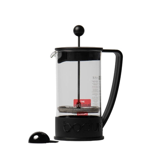 Bodum - Brazil French Press 8 Cup - Glass Body with Black Plastic Handle attached to Black Plastic Base with Bodum Embossed across and blackPlactic Lid with Metal Plunger with Plastic Scoop Velo Coffee Roasters