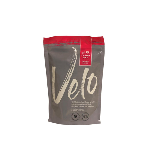Velo Coffee Roasters - Cargo Bike 200g Coffee Bag Brazil and Ethiopia Coffee Blend - Grey bag with Pink Strip across Top  Ground Coffee- Velo Coffee Roasters