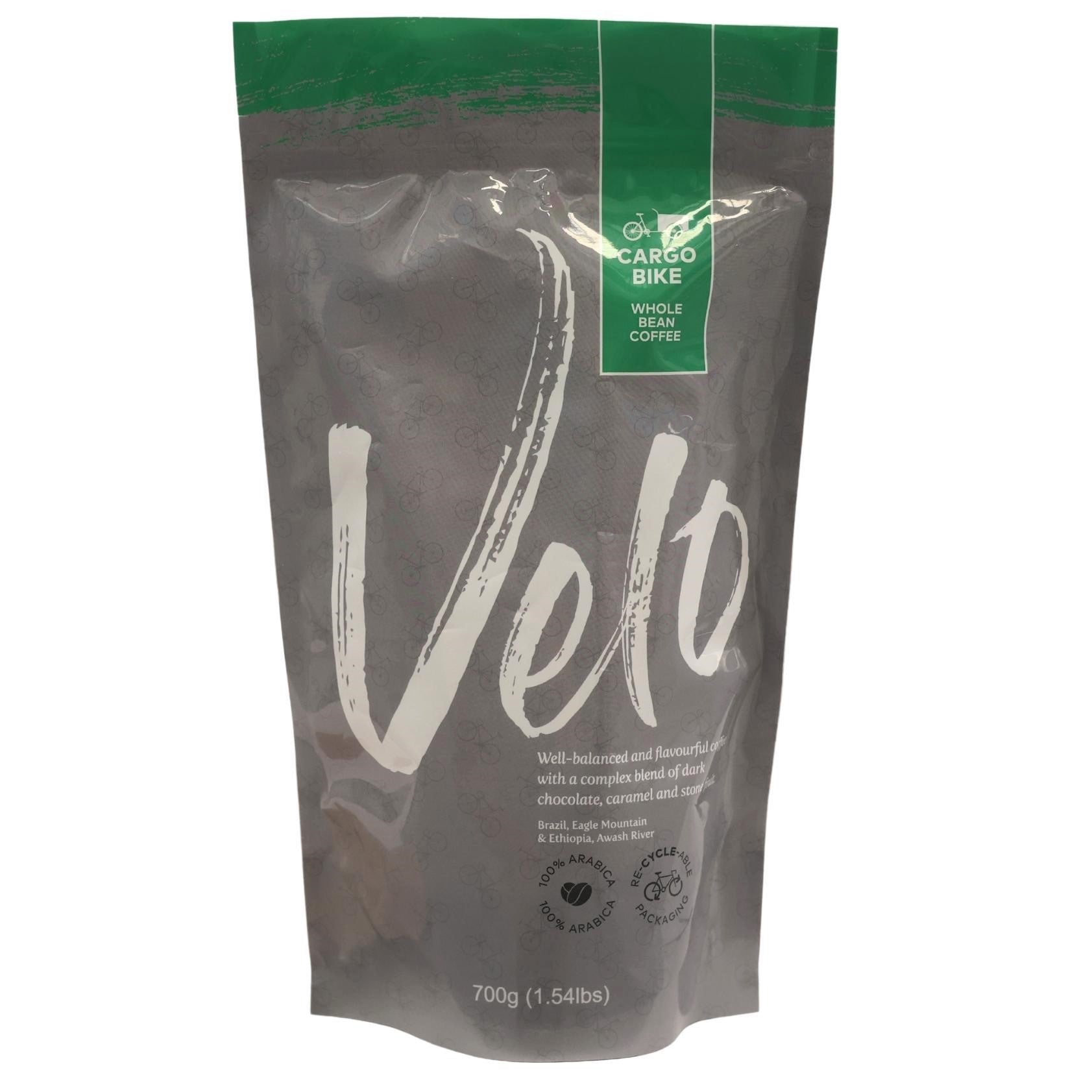 Velo Coffee Roasters - Cargo Bike 700g Coffee Bag Brazil and Ethiopia Coffee Blend - Grey bag with Green Strip across Top Whole Bean - Velo Coffee Roasters