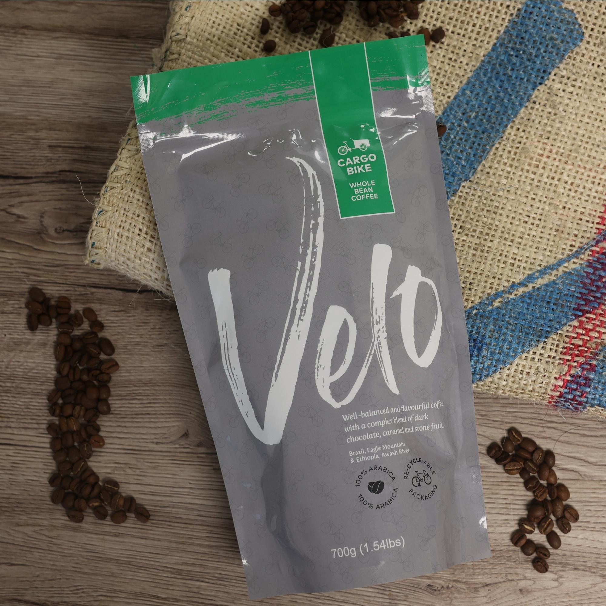 Velo Coffee Roasters - Cargo Bike 700g Coffee Bag Brazil and Ethiopia Coffee Blend - Grey bag with Green Strip across Top Whole Bean - Velo Coffee Roasters