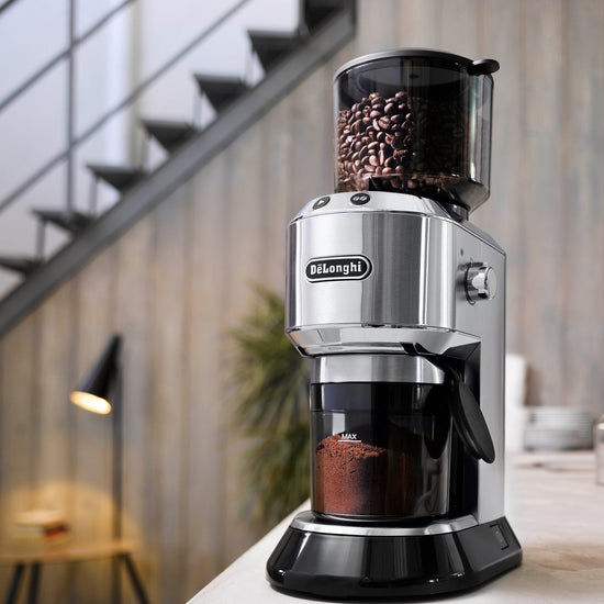Load image into Gallery viewer, De&amp;#39;Longhi Dedica Digital Coffee Bean Grinder - KG521.M - Stainless Steel body with Black Plastic Base and Clear Bean hopper on top Velo Coffee Roaster
