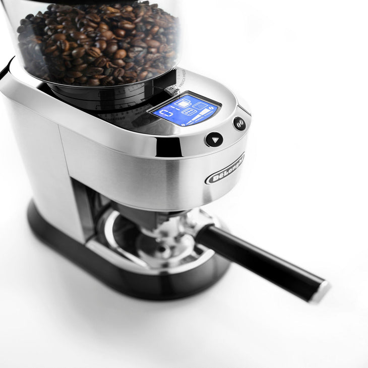 De'Longhi Dedica Digital Coffee Bean Grinder - KG521.M - Stainless Steel body with Black Plastic Base and Clear Bean hopper on top Velo Coffee Roaster