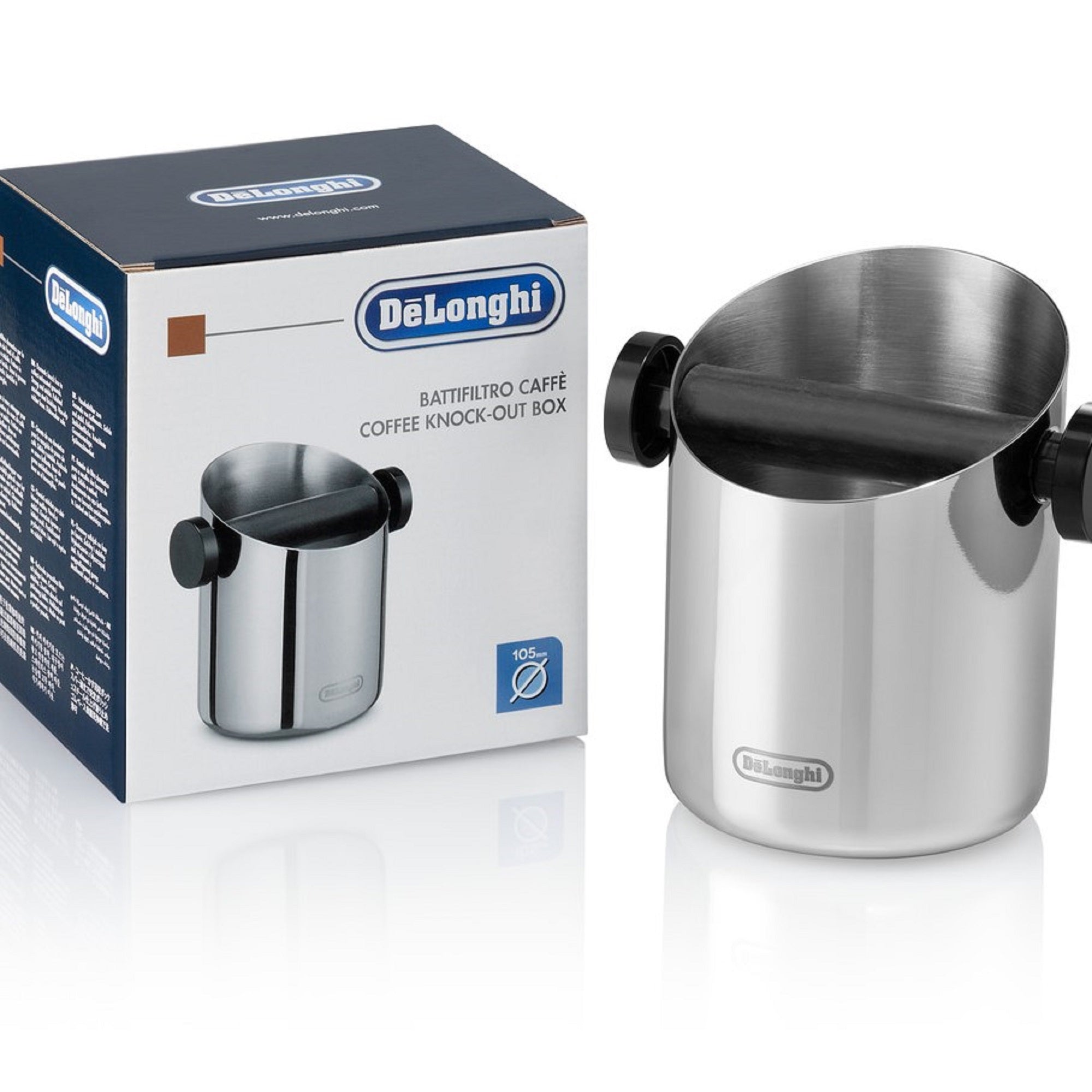 De'Longhi Coffee Knock Box DLSC059 - Stainless Steel cyclinder Knock box with Black Rubber bar vertically across the top inside of the knockbox Coffee Roasters