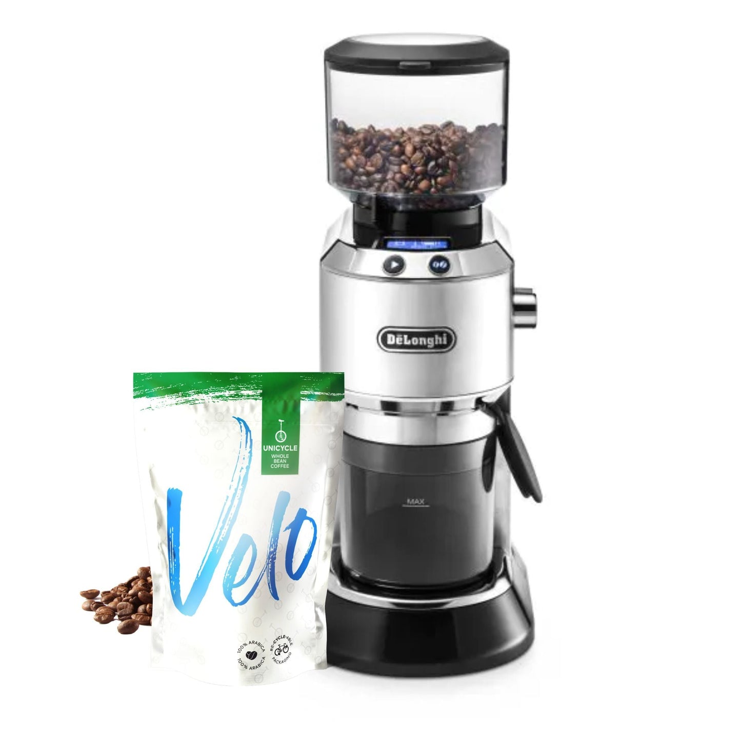 De'Longhi Dedica Digital Coffee Bean Grinder - KG521.M - Stainless Steel body with Black Plastic Base and Clear Bean hopper on top Velo  with touchcreen , Buttons on Body and dial on the side Coffee Roasters
