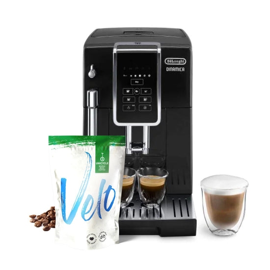 De'Longhi Dinamica - Bean To Cup Espresso Coffee Machine - Black - ECAM350.15.B -  Black body with Stainless Steel  elements with homescreen in front with bottonsVelo Coffee Roasters
