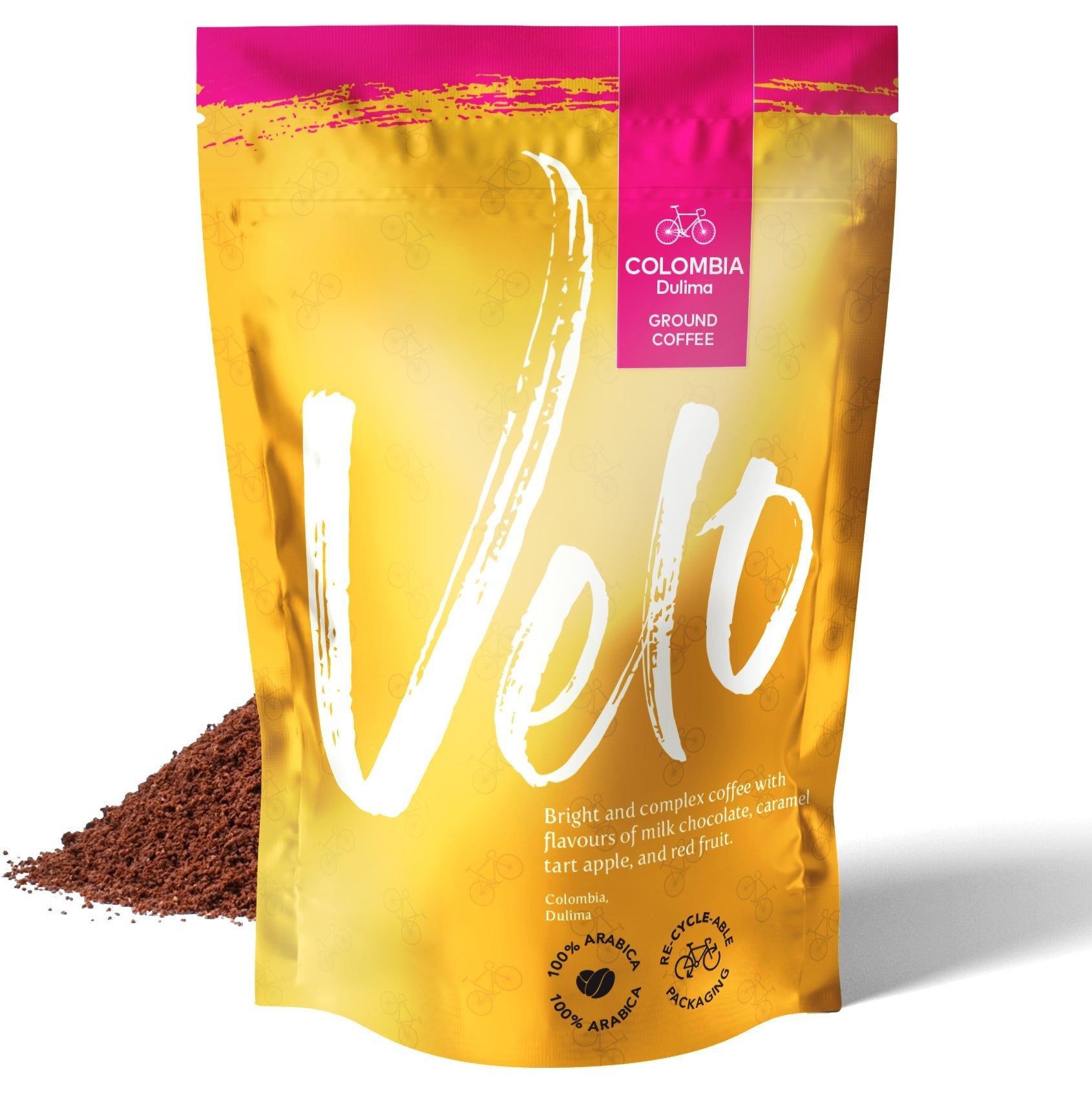 Dulima 200g Coffee from Colombia Coffee Bag Yellow with Pink strip across top for Ground - Velo Coffee Roasters