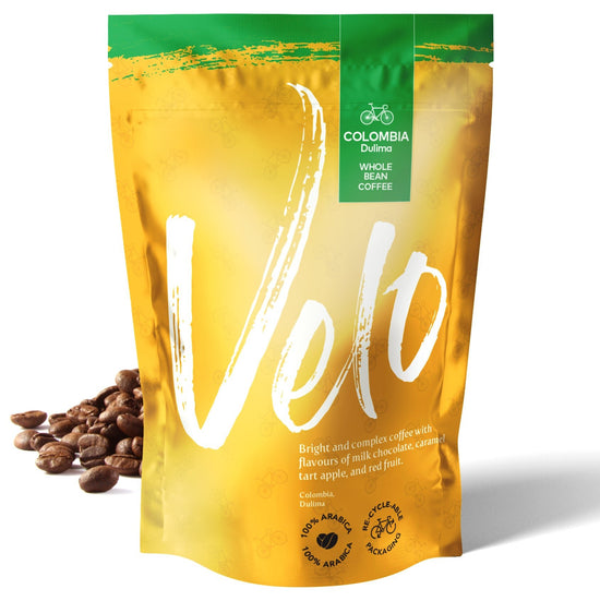 Load image into Gallery viewer, Dulima 200g Coffee from Colombia Coffee Bag Yellow with Green strip across top for Whole Bean   - Velo Coffee Roasters
