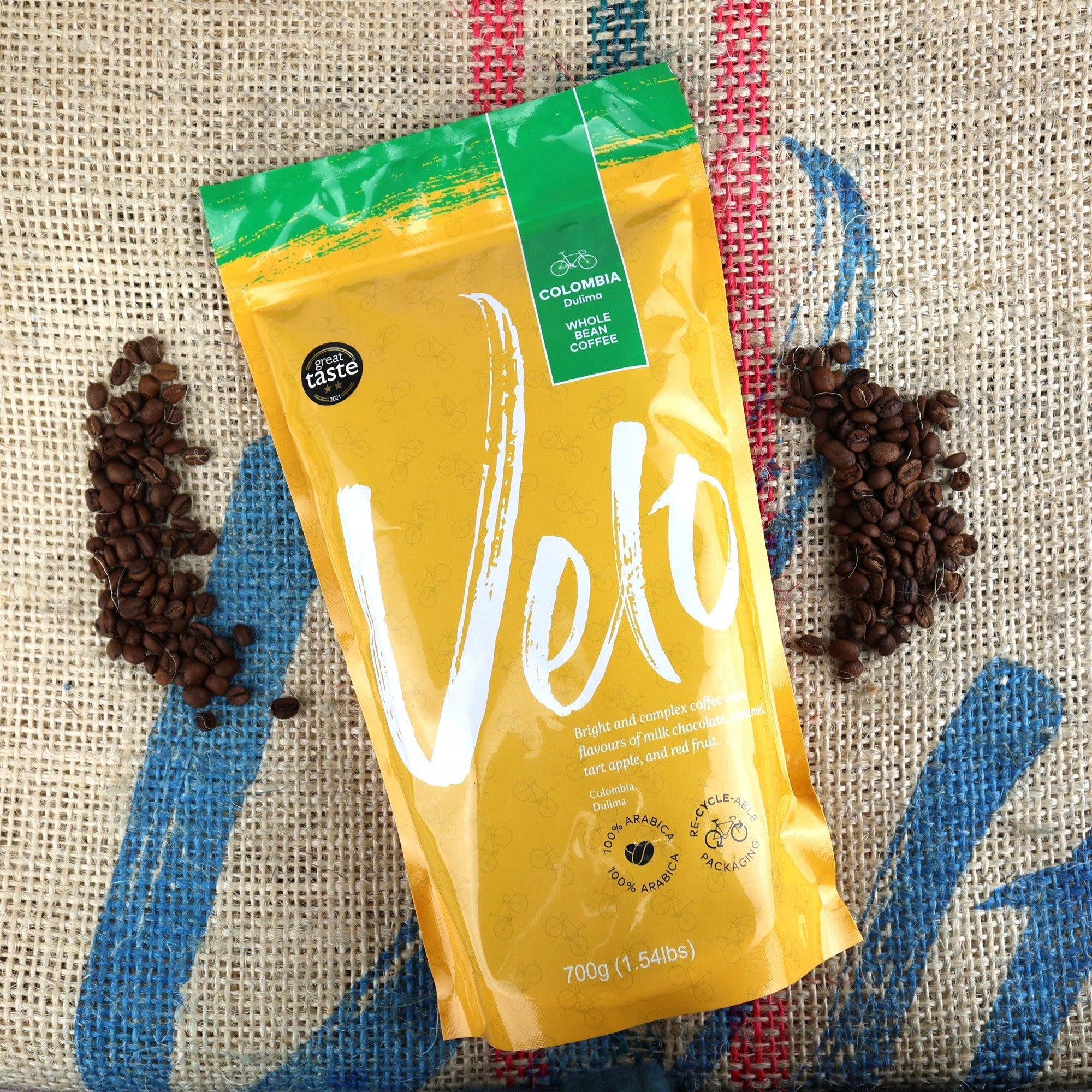 Dulima 700g Coffee from Colombia Coffee Bag Yellow with Pink strip across top for Whole bean - Velo Coffee Roasters