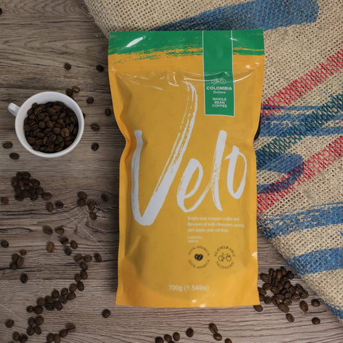 Dulima 700g Coffee from Colombia Coffee Bag Yellow with Pink strip across top for Whole bean - Velo Coffee Roasters