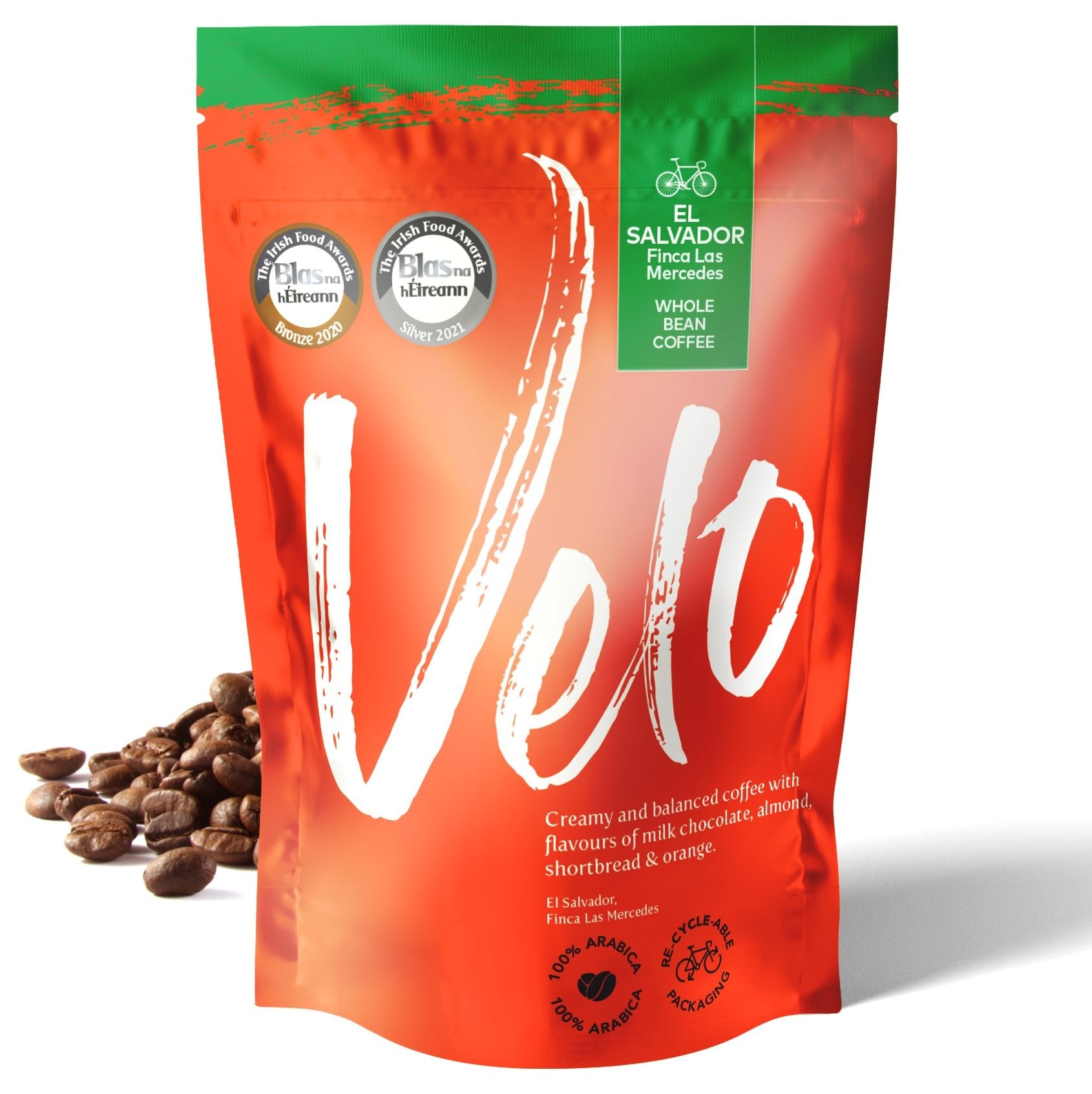 Finca Las Mercedes 200g Coffee From El Salvador -  Orange and Green Stand up Whole Bean coffee bag Velo Coffee Roasters