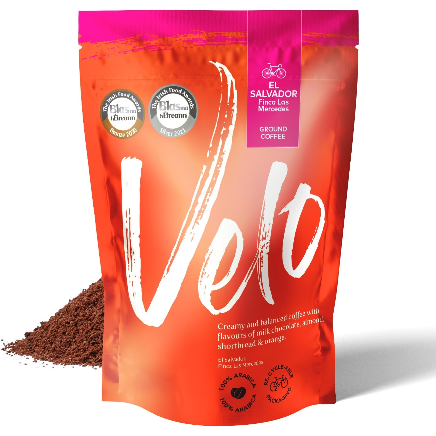 Finca Las Mercedes 200g Coffee From El Salvador - Orange and Pink Stand up Ground coffee bag Velo Coffee Roasters