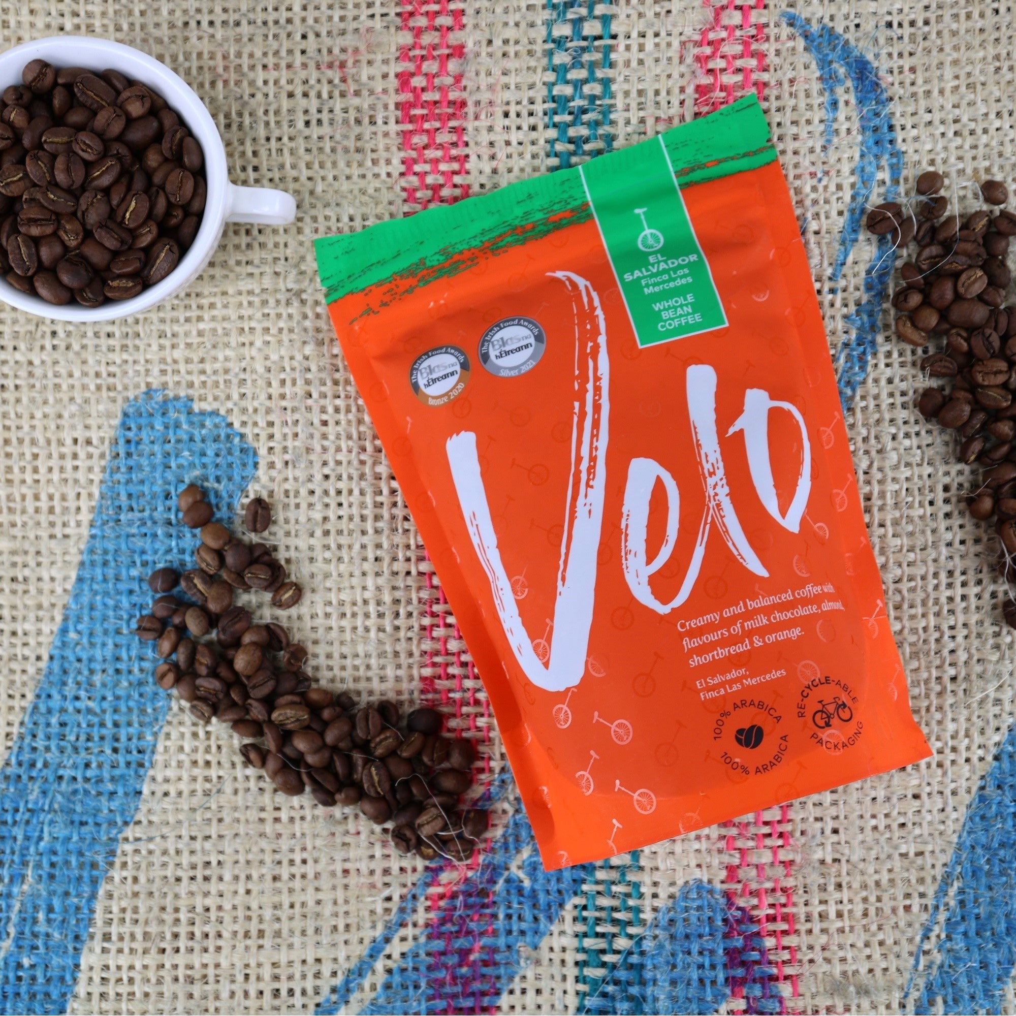 Finca Las Mercedes 200g Coffee From El Salvador - Orange and Green Stand up Whole Bean coffee bag Velo Coffee Roasters