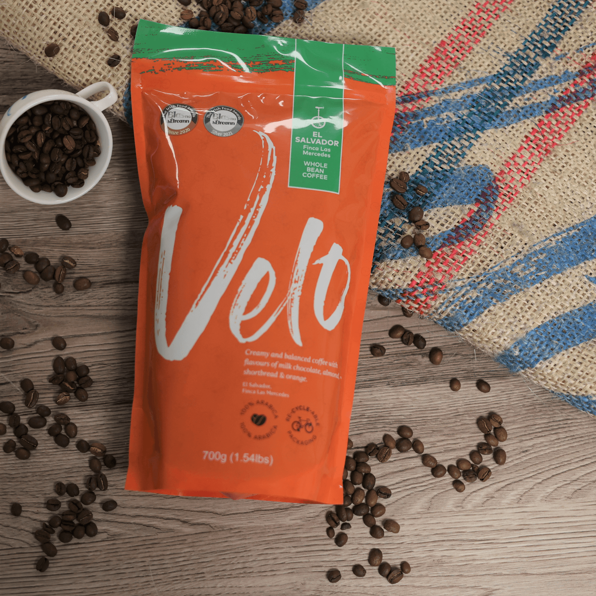 Finca Las Mercedes 700G Coffee from El Salvador - Orange and green Whole Bean Coffee stand up Bag Velo Coffee Roasters
