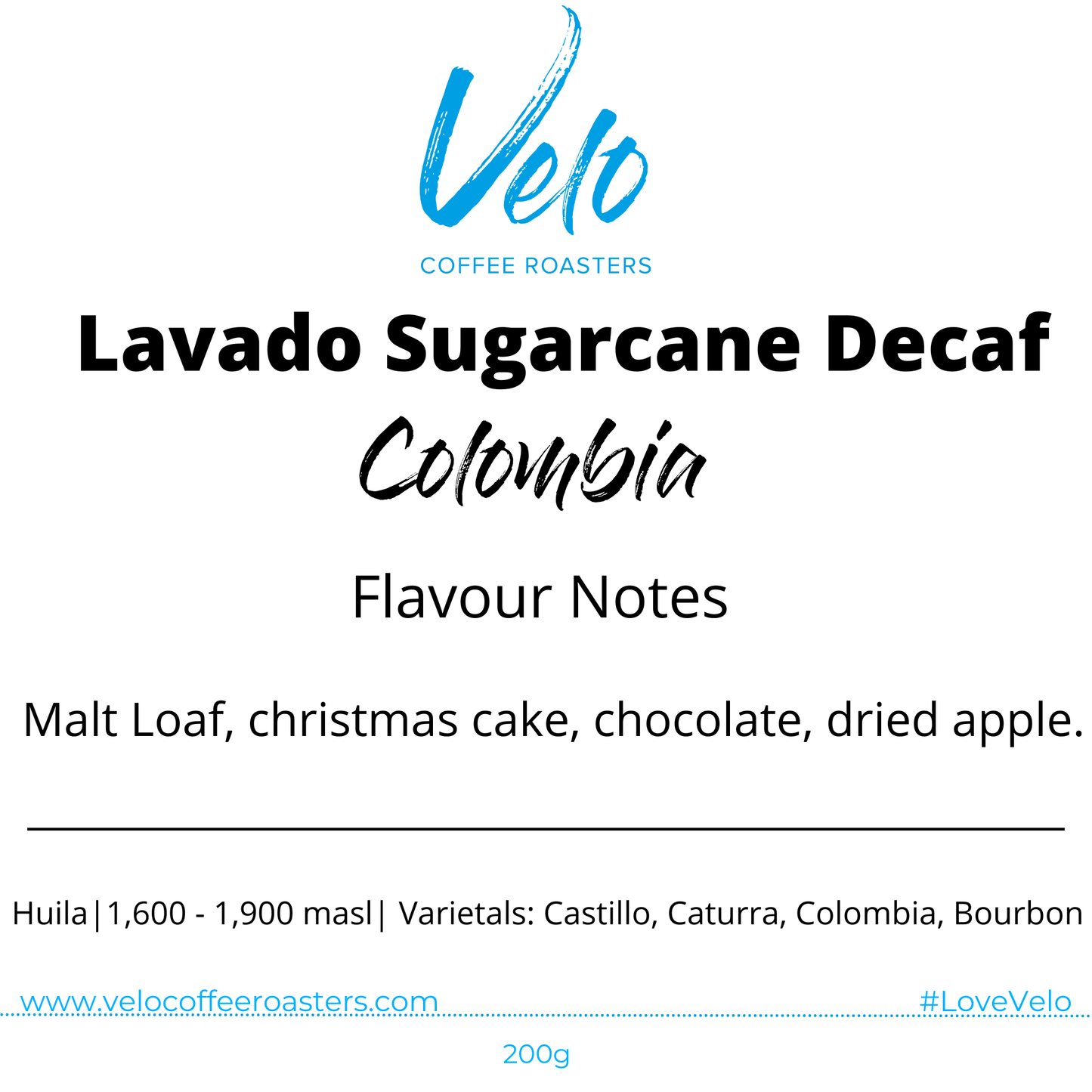 Lavado Sugarcane Decaf 200g Coffee Bag Colombia - Velo Coffee Roasters