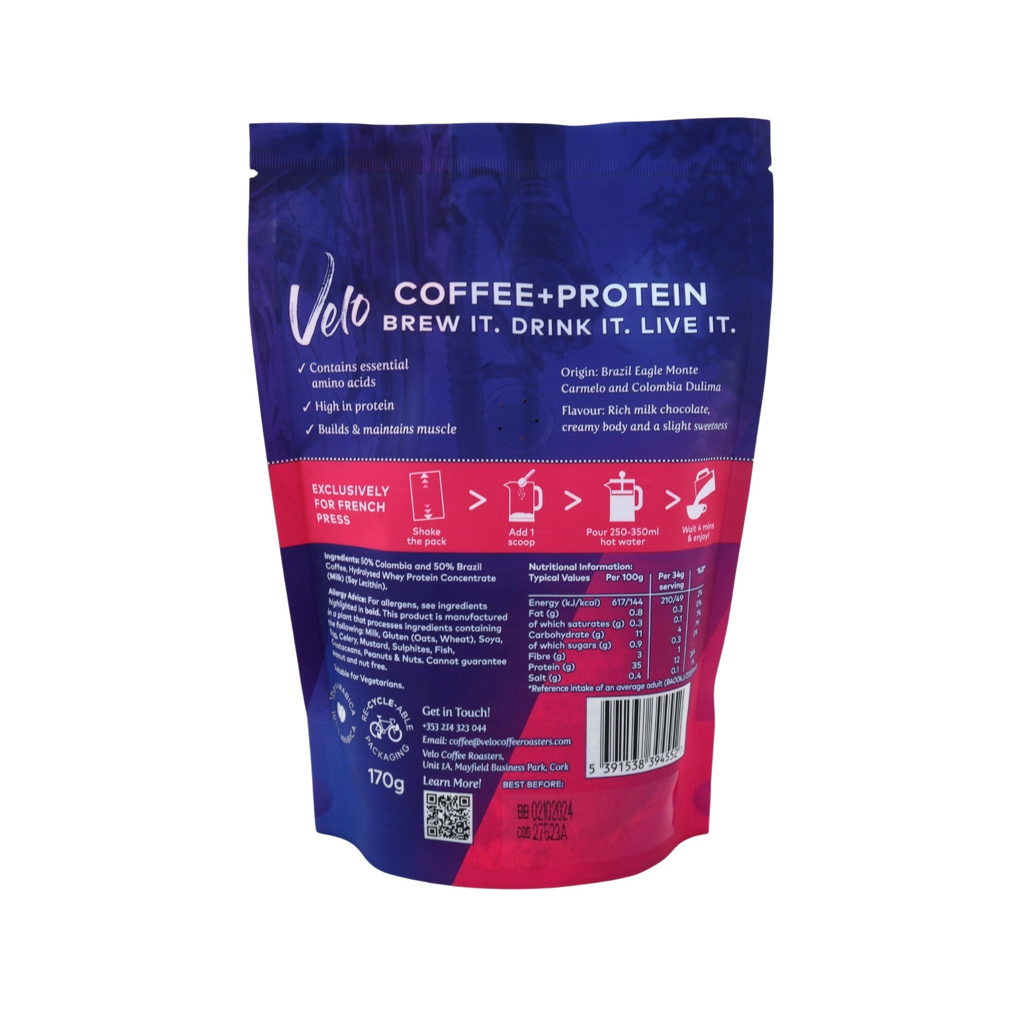 Velo Coffee + Protein -Velo Coffee + Protein - Pink and Purple Bag Ground for French Press Coffee