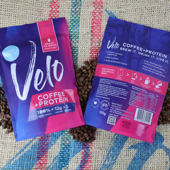 Velo Coffee + Protein -Velo Coffee + Protein - Pink and Purple Bag Ground for French Press Coffee
