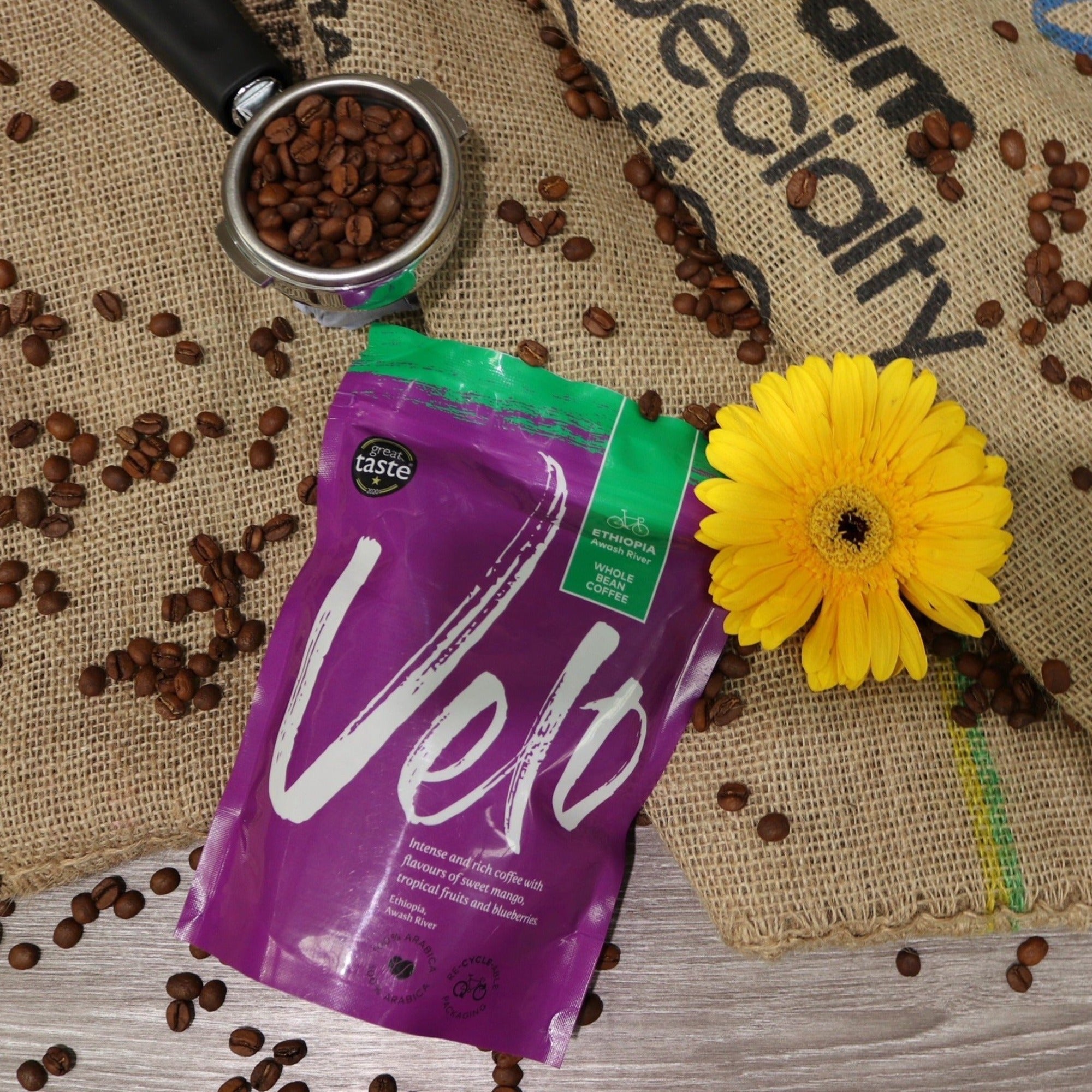 Velo Coffee Roasters - Awash River 200g Purple Coffee Bag with Green Strip across the top Ethiopia