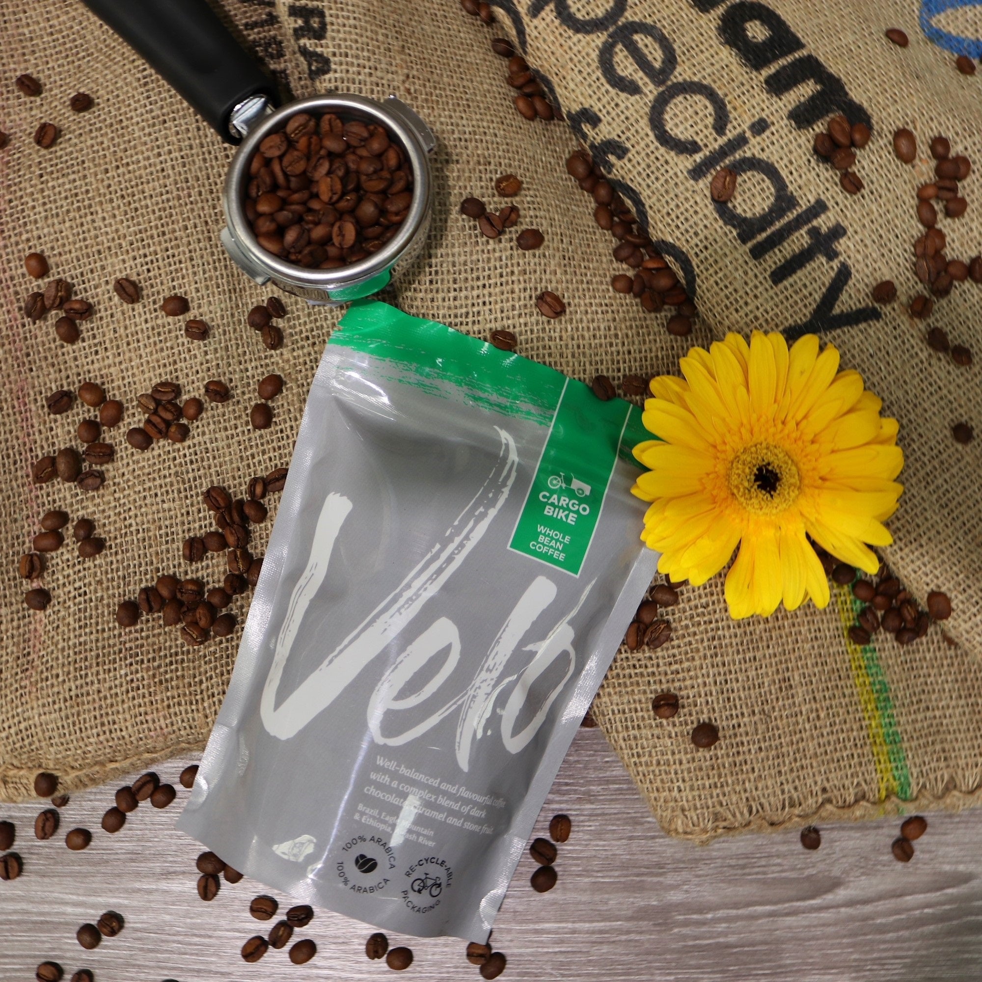 Velo Coffee Roasters - Cargo Bike 200g Coffee Bag Brazil and Ethiopia Coffee Blend - Grey bag with Green Strip across Top - Velo Coffee Roasters