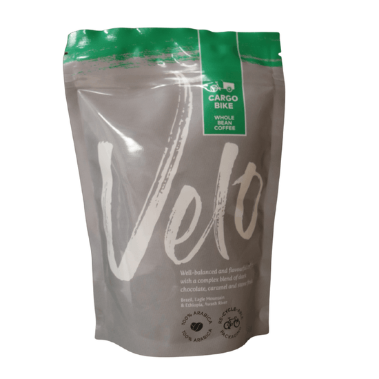 Velo Coffee Roasters - Cargo Bike 200g Coffee Bag  Brazil and Ethiopia Coffee Blend - Grey bag with Green Strip across Top Whole Bean -  Velo Coffee Roasters